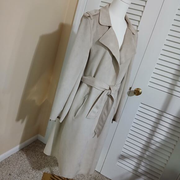 Magaschoni Large Faux Leather/Suede Beige Wrap Trench Coat Mid-Weight SOFT - Picture 6 of 13